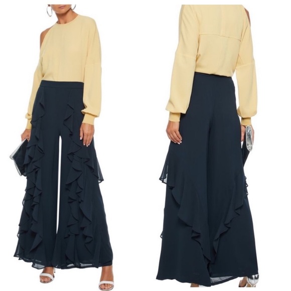 Badgley Mischka Cascading Ruffle Wide Leg High Waist Pants in Navy Blue - Picture 1 of 13